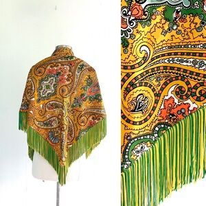 Vintage 60’s mod satin paisley gold & green floral fringe scarf wrap shawl cape